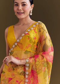 Yellow Organza Saree With Floral Print And Beaded Border