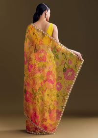 Yellow Organza Saree With Floral Print And Beaded Border