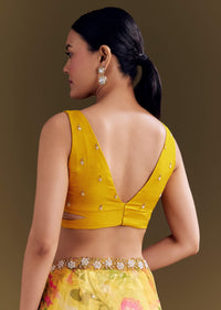 Yellow Organza Saree With Floral Print And Beaded Border