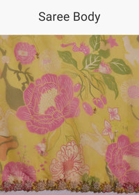 Yellow Organza Saree With Floral Print And Beaded Border