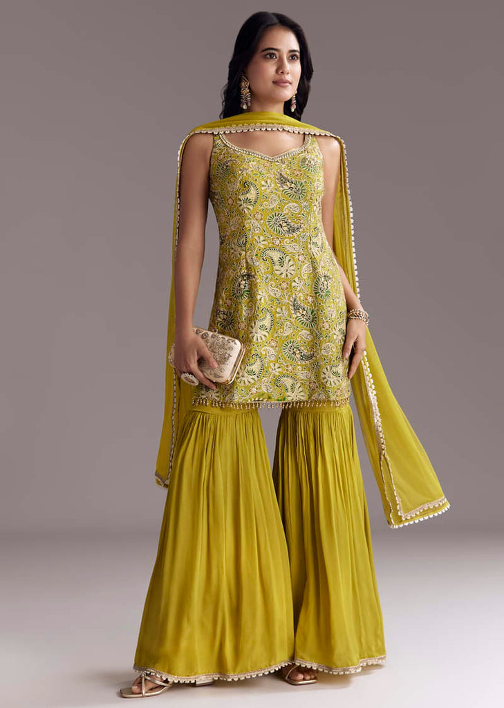 Yellow Paisley Print Sharara Set With Zari Embroidery