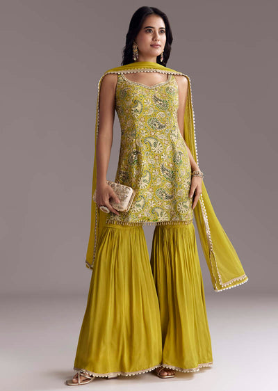 Yellow Paisley Print Sharara Set With Zari Embroidery