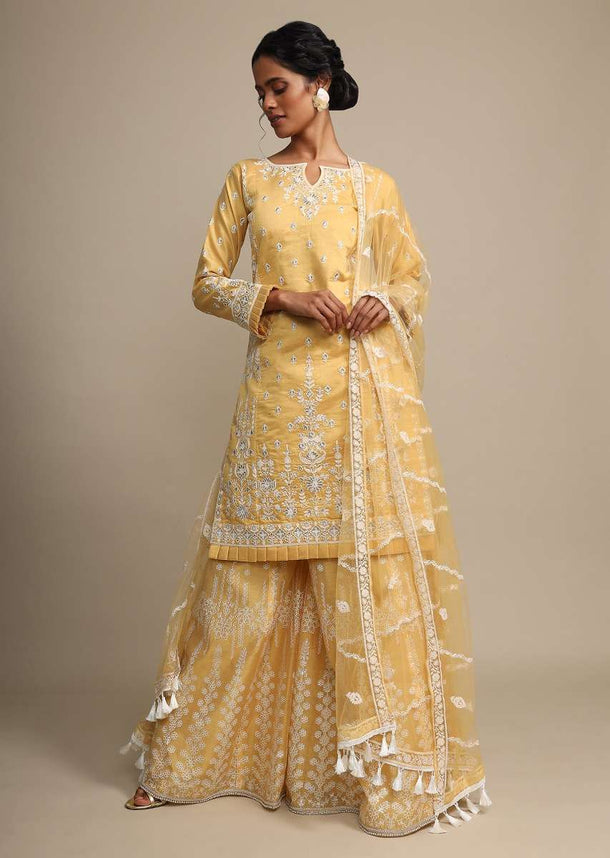 Yellow Palazzo Suit In Cotton Silk With Heavy Thread Embroidery Online - Kalki Fashion