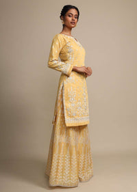 Yellow Palazzo Suit In Cotton Silk With Heavy Thread Embroidery Online - Kalki Fashion