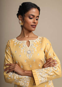 Yellow Palazzo Suit In Cotton Silk With Heavy Thread Embroidery Online - Kalki Fashion