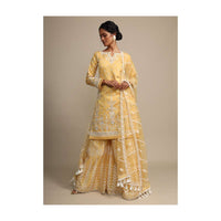 Yellow Palazzo Suit In Cotton Silk With Heavy Thread Embroidery Online - Kalki Fashion