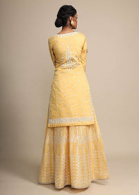 Yellow Palazzo Suit In Cotton Silk With Heavy Thread Embroidery Online - Kalki Fashion