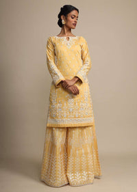 Yellow Palazzo Suit In Cotton Silk With Heavy Thread Embroidery Online - Kalki Fashion