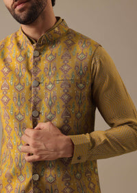 Yellow Printed Bundi And Kurta Set In Silk