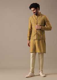 Yellow Printed Bundi And Kurta Set In Silk