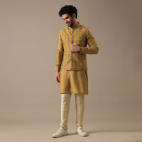 Yellow Printed Bundi And Kurta Set In Silk