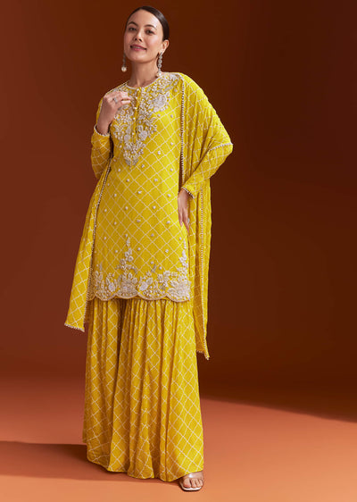 Yellow Printed Chinon Sharara Set With Cut Dana And Sequins