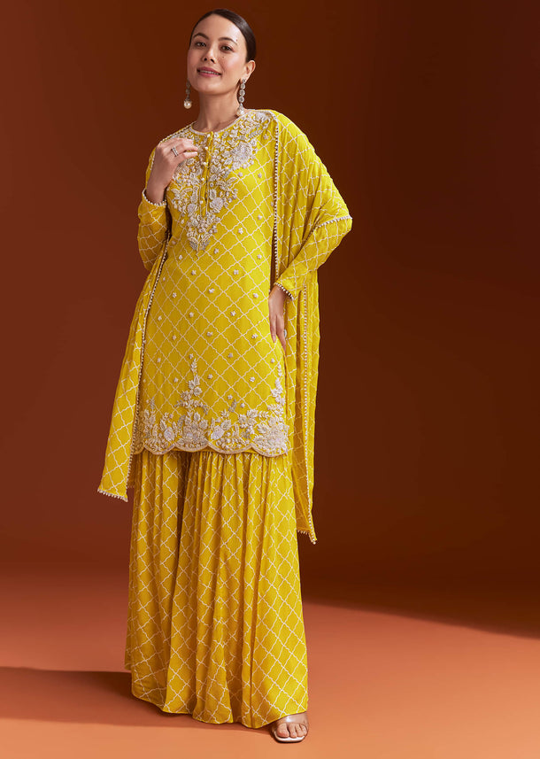 Yellow Printed Chinon Sharara Set With Cut Dana And Sequins
