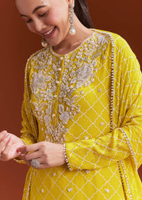 Yellow Printed Chinon Sharara Set With Cut Dana And Sequins