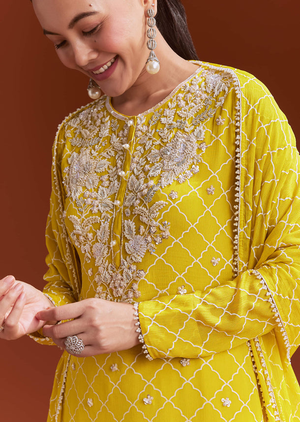 Yellow Printed Chinon Sharara Set With Cut Dana And Sequins