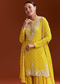 Yellow Printed Chinon Sharara Set With Cut Dana And Sequins