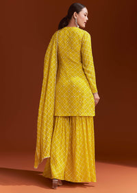 Yellow Printed Chinon Sharara Set With Cut Dana And Sequins
