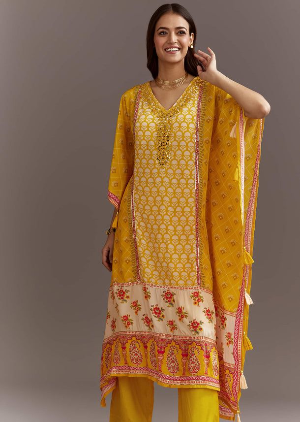 Yellow Printed Crepe Kaftaan Kurta Pant Set With Mirror And Sequins Work