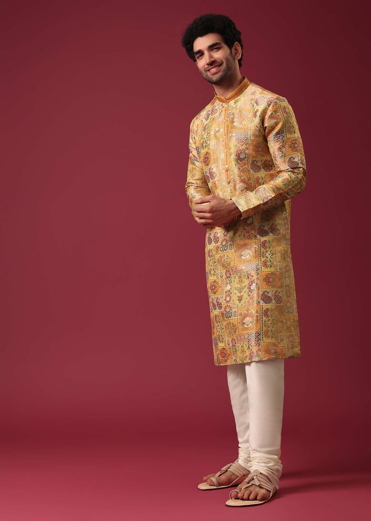 Yellow Printed Kurta Set In Silk