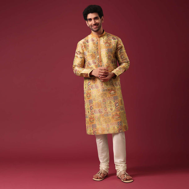 Yellow Printed Kurta Set In Silk