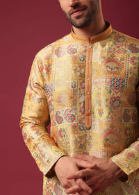 Yellow Printed Kurta Set In Silk