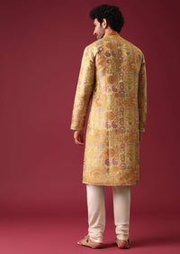 Yellow Printed Kurta Set In Silk