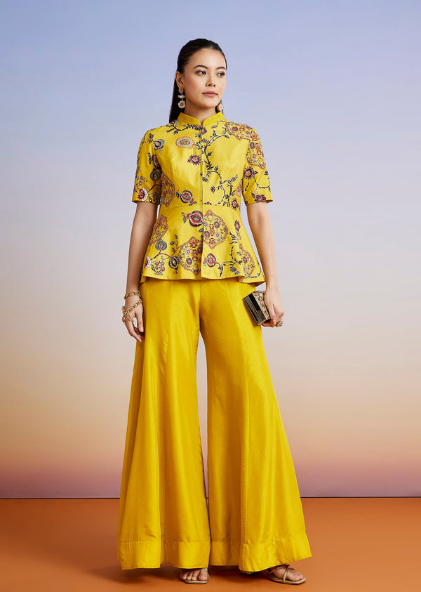 Yellow Printed Peplum Palazzo Set