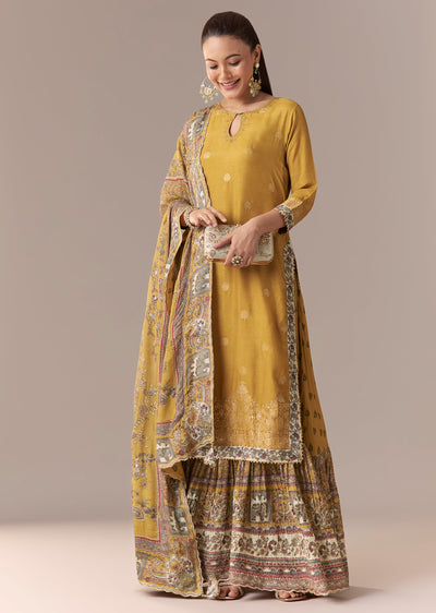 Yellow Printed Sharara Suit Set With Dupatta