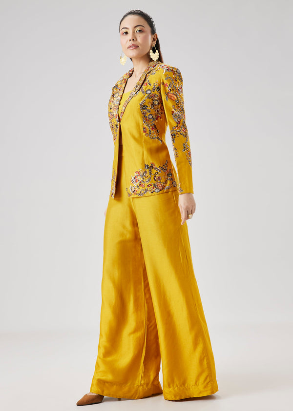 Yellow Printed Silk Ensemble with Crop Top Palazzo Pants And Embellished Jacket