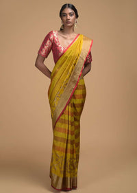 Yellow Pure Handloom Saree In Tussar Silk With Stripes And Woven Floral Border Online - Kalki Fashion