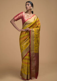 Yellow Pure Handloom Saree In Tussar Silk With Stripes And Woven Floral Border Online - Kalki Fashion