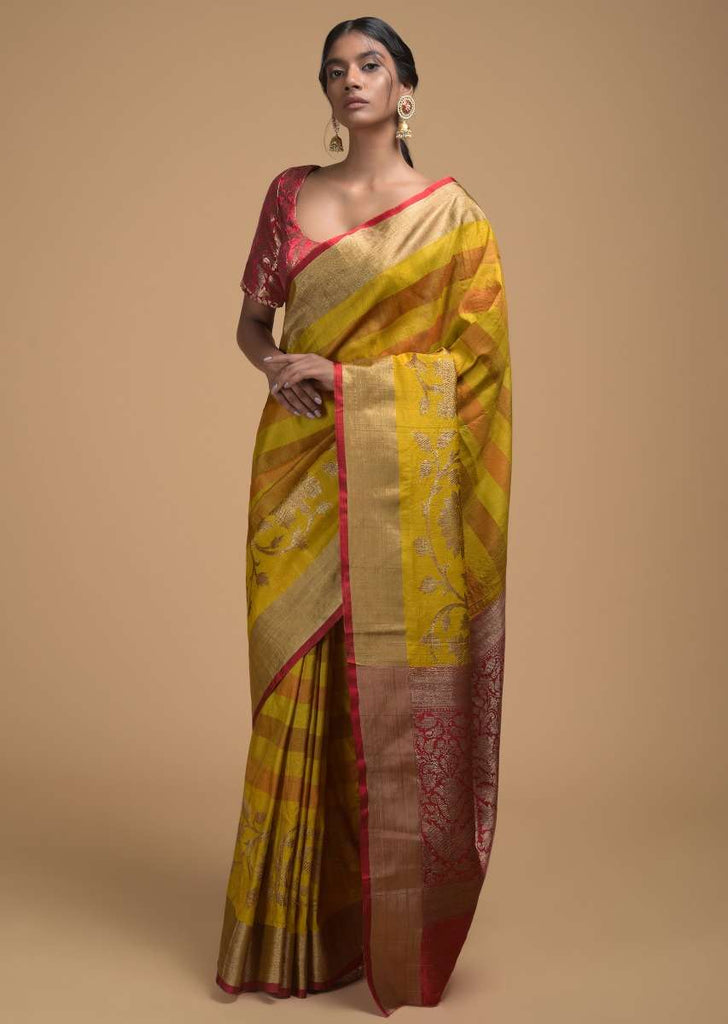 Yellow Pure Handloom Saree In Tussar Silk With Stripes And Woven Floral Border Online - Kalki Fashion