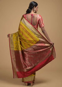 Yellow Pure Handloom Saree In Tussar Silk With Stripes And Woven Floral Border Online - Kalki Fashion