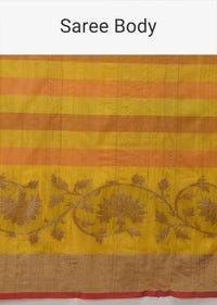 Yellow Pure Handloom Saree In Tussar Silk With Stripes And Woven Floral Border Online - Kalki Fashion