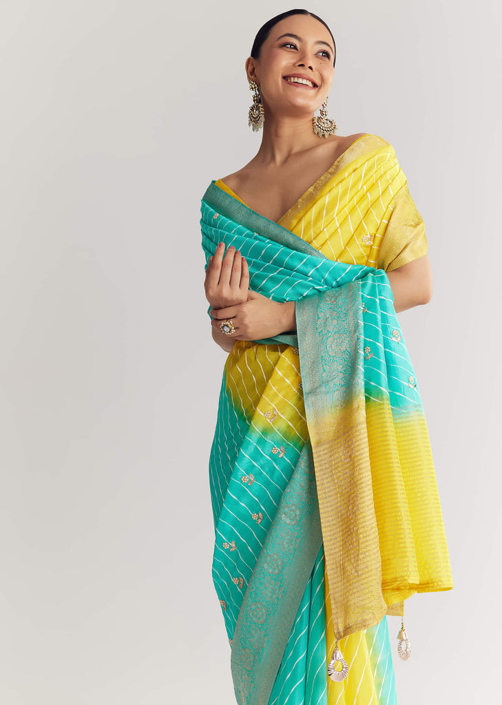 Yellow Rama Saree With Leheriya Print And Floral Gotapatti Embroidery