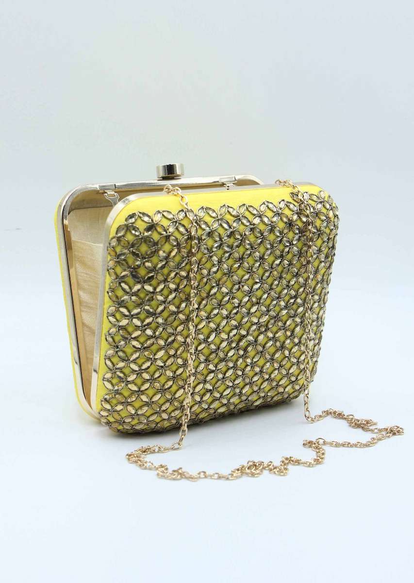 Yellow raw silk hand embroidered clutch