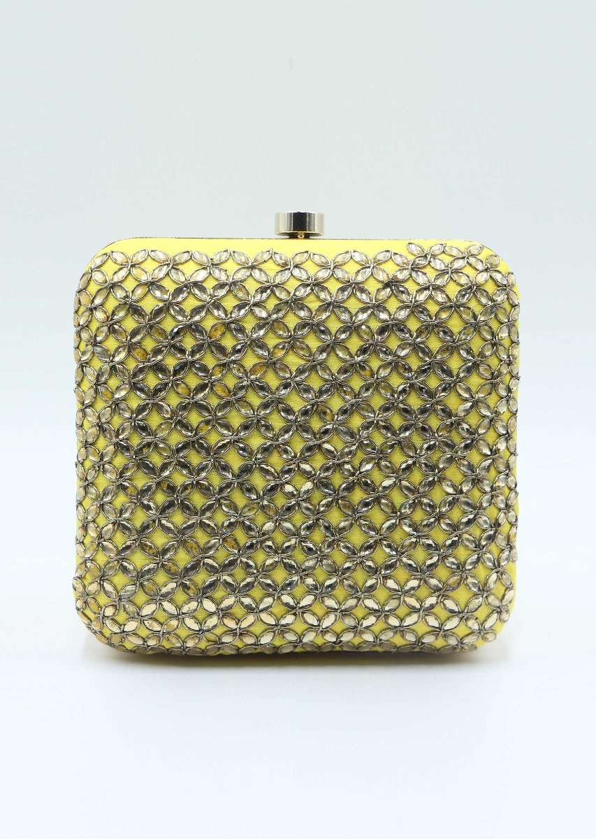 Yellow raw silk hand embroidered clutch