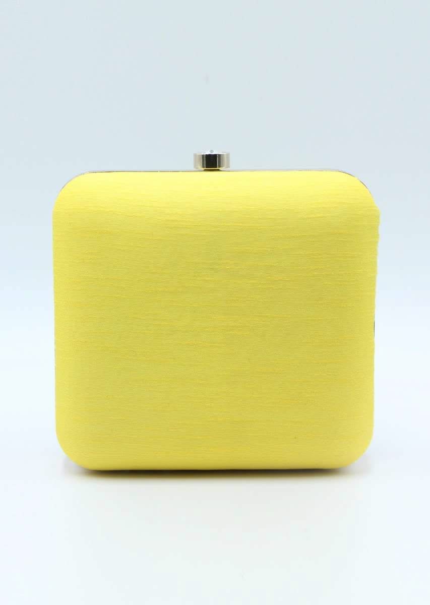 Yellow raw silk hand embroidered clutch