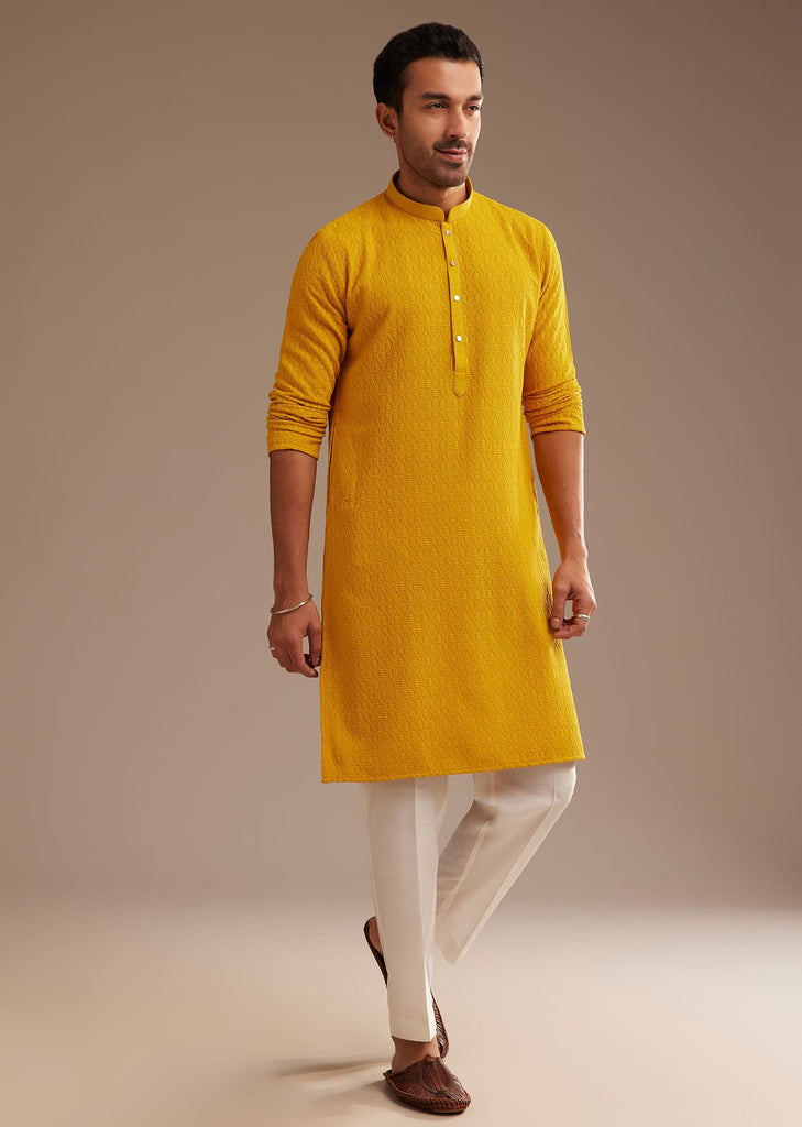 Yellow Rayon Embroidered Kurta Set