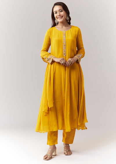 Yellow Resham Cut Dana Sleeve Anarkali Pant Set With Dupatta
