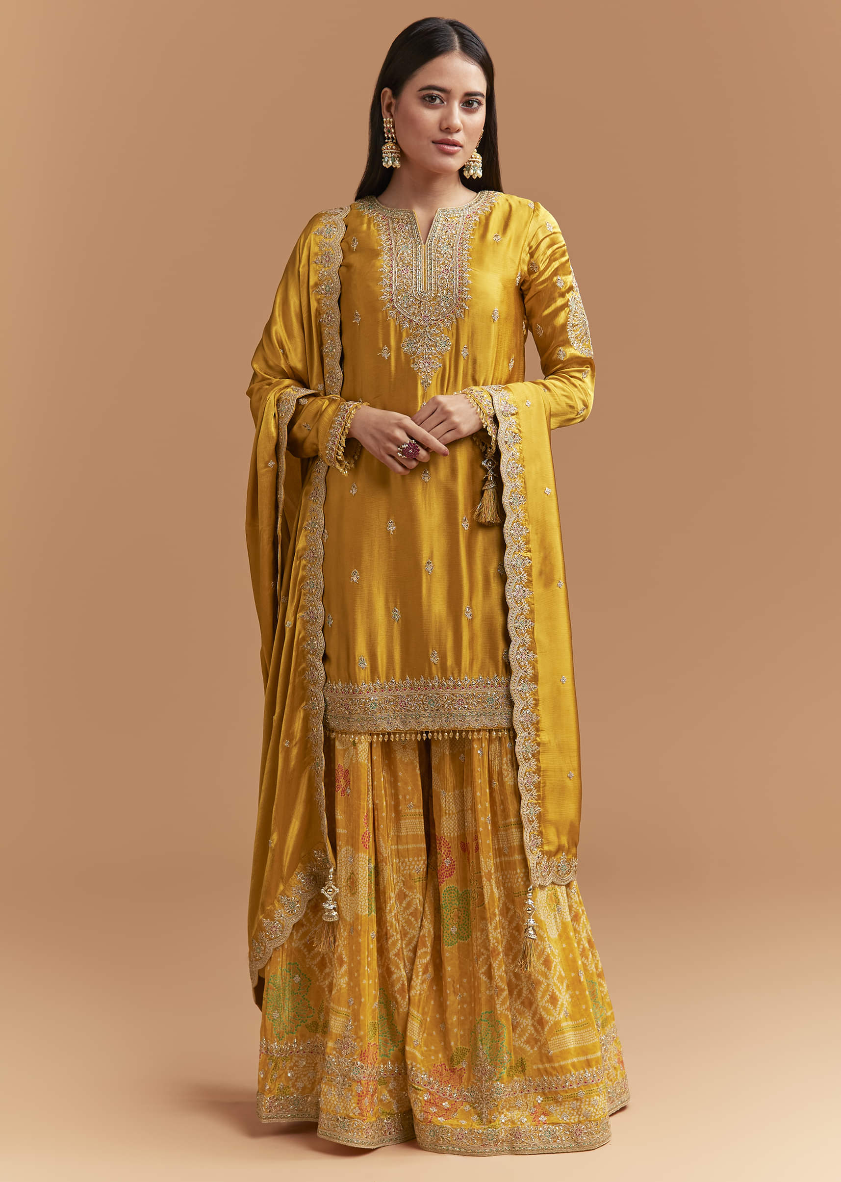Yellow Satin Suit With Floral Printed Palazzo