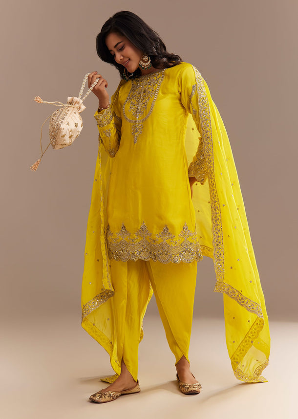 Yellow Satin Zari Embroidered Dhoti Kurta Set