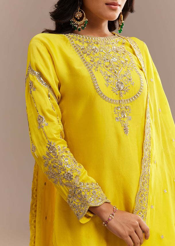 Yellow Satin Zari Embroidered Dhoti Kurta Set