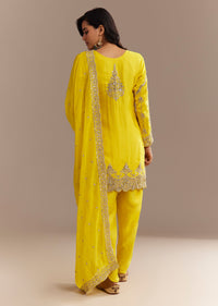 Yellow Satin Zari Embroidered Dhoti Kurta Set