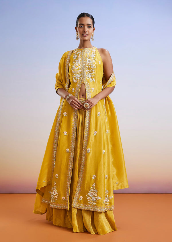 Yellow Sequins Embroidered Front Slit Anarkali Suit With Dupatta