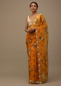 Yellow And Orange Toned Cutdana Embroidered Saree In Organza With Floral Print