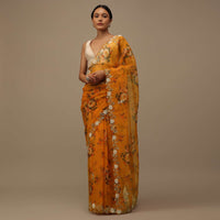 Yellow And Orange Toned Cutdana Embroidered Saree In Organza With Floral Print