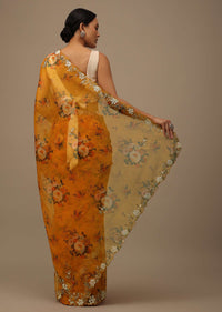 Yellow And Orange Toned Cutdana Embroidered Saree In Organza With Floral Print