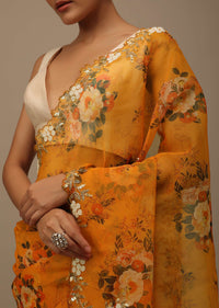 Yellow And Orange Toned Cutdana Embroidered Saree In Organza With Floral Print