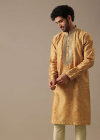 Yellow Silk Chevron Kurta Set with Mirror Work